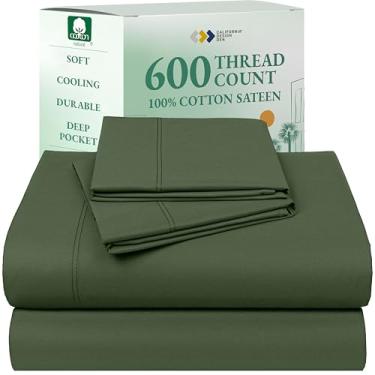 Imagem de California Design Den Jogo de lençóis Queen Size 100% algodão - cetim luxuoso 600 fios, lençóis de algodão queen refrescante com bolsos profundos, roupa de cama de qualidade de hotel - verde-oliva