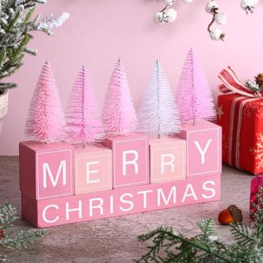 Imagem de Amyhill Decoração de mesa de Natal rosa placa de madeira de feliz Natal decoração de árvore de natal rosa enfeite de mesa de férias de inverno rústico de madeira para prateleira de festa de Natal