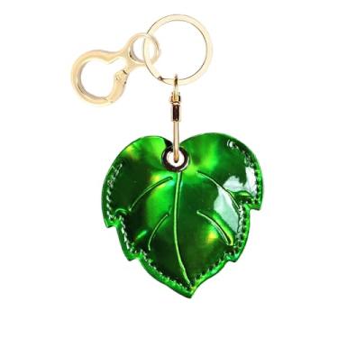 Imagem de Capa de couro brilhante para chaveiros, compatível com AirTag, capa protetora fofa com chaveiro, rastreador GPS antiarranhões para chaves, bolsa, animais de estimação (folha)