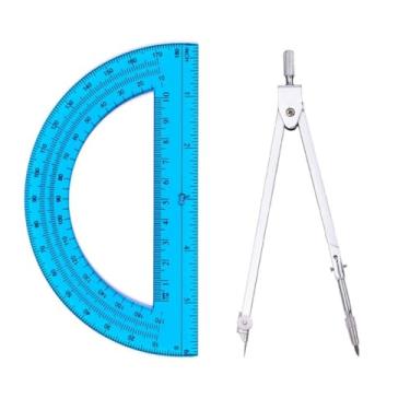 Imagem de Conjunto de matemática de geometria estudantil, bússola de desenho e transferidores de braço oscilante transparente de 15 cm transferidor de matemática de 180 graus (azul)