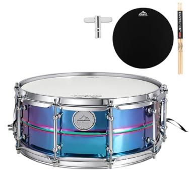 Imagem de EASTROCK Tarola profissional de aço carbono de 35 x 13 cm para baterista, adulto, tambor de aço de 10 garras com acabamento banhado a arco-íris, tarola avançada