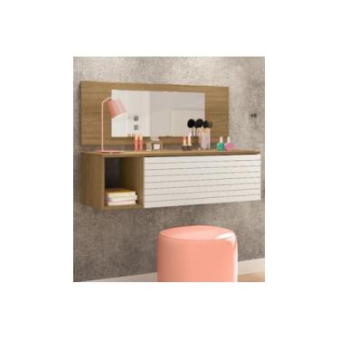 Imagem de Penteadeira e escrivaninha de parede, para aplicar maquiagem e expor objetos decorativos, com espelho e uma gaveta. (Nature/Branco)