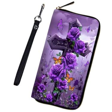 Imagem de FUYOCWE Carteira de pulso feminina, carteira de couro com bloqueio de RFID, suporte de cartão de crédito de grande capacidade, bolsa de mão longa com borboletas rosa roxas