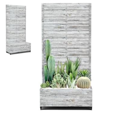 Imagem de PolarcoForgeco Caixas de plantas de metal com treliça e rodas para plantas ao ar livre, videiras, canteiros de jardim grandes elevados com orifícios de drenagem para pátio (89 cm C, grão de carvalho