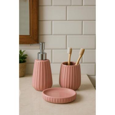Imagem de Kit Banheiro Lavabo De Cerâmica 3 Peças Essentia Rosa Mek