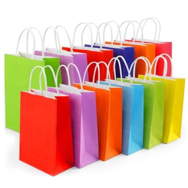 Imagem de 24 sacos de papel kraft para lembrancinhas de festa com alças, 8 cores pequenas sacolas de presente a granel, sacos de presente arco-íris para aniversário de crianças, suprimentos de festa, casamento, chá de bebê, artesanato, presentes de Natal, 21 x 14 x 8 cm