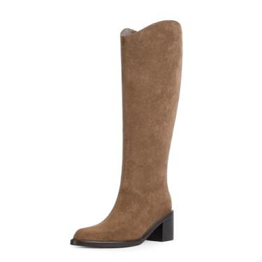 Imagem de Modatope Bota feminina de cano alto, bico fino, salto grosso, com zíper lateral, Camelo de camurça, 39