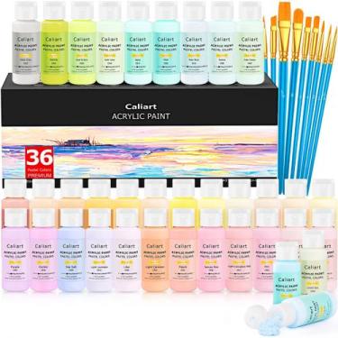 Imagem de Conjunto de tinta acrílica Caliart 36 cores pastel 59ml com pincéis