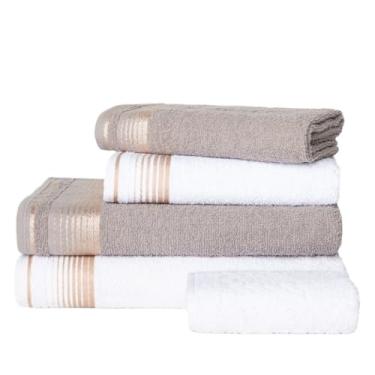 Imagem de Jogo Toalhas 5 Peças 2 Banho, 2 Rosto, 1 Piso Algodão - Rosa Toalhas(BRANCO + CINZA)