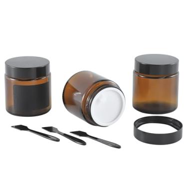Imagem de Lustervial Potes pequenos de vidro âmbar de 118 ml com tampas, 3 recipientes de loção, recipientes para cosméticos, pequenos frascos de viagem para cremes com mini colher