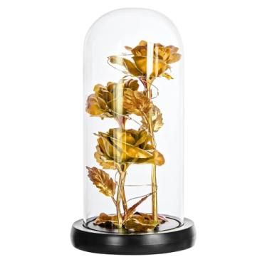 Imagem de Rosa dourada eterna com folhas, flor rosa de vidro, 21 cm de altura, cúpula rosa iluminada presente para esposa, cúpula de vidro com flor de rosa dourada de LED operada por pilhas, mãe, dia das mães
