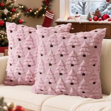 Imagem de Capas de almofada de Natal com decoração de árvore, almofadas de lã de pele sintética 45,7 x 45,7 cm, conjunto de 2 fronhas de árvore de Natal para férias, inverno, casa, sofá-cama, varanda (rosa)