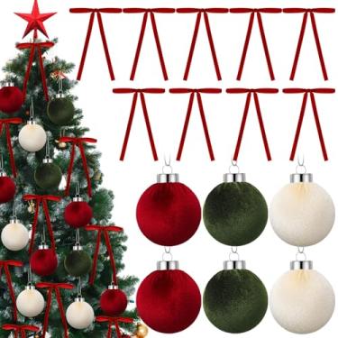 Imagem de 30 peças de enfeites de Natal de veludo vermelho, laços de árvore de Natal de 12 x 18 cm, pequenas bolas de Natal de veludo para porta, guirlanda, presentes, decorações de festa de Natal