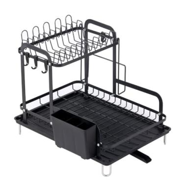 Imagem de Escorredor de Louças Premium 2 Andares, Preto, Ferro e Plástico, 37x42x33cm, com Bandeja Coletora Removível, Suportes para Talheres e Tábua, Para Pia e bancada de Cozinha