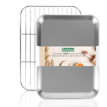 Imagem de Bofolai Assadeira de aço inoxidável 18/0 com grade de resfriamento, folhas de biscoito não tóxicas seguras para forno de 30 cm para assar, sem revestimento e resistente à ferrugem para assar uma