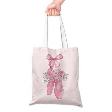 Imagem de Grace Yonks Sapatilhas de balé com laço de fita rosa e buquê floral linda bolsa de lona – Bolsa feminina aquarela para estúdio, trabalho ou compras - 16 x 14 polegadas (075)