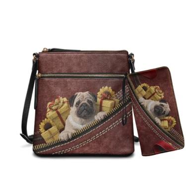 Imagem de Rchsomd Bolsa transversal de couro PU e conjunto de carteira para mulheres, bolsa Hobo espaçosa para viagens, trabalho e passeios casuais, Presente de girassol Pug Dog, One Size