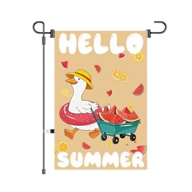 Imagem de Hello Summer Garden Flags Design engraçado de pato e melancia, decoração externa de poliéster durável para pátio de verão, quintal, 30 x 45 cm dupla face