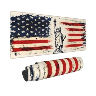 Imagem de CANFLASHION Tapete de mouse com bandeira americana, tapete de mesa de escritório 80 x 28 cm, mouse pad grande para jogos com design de estátua da liberdade, GG estendido à prova d'água para computador