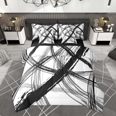 Imagem de jejeloiu Conjunto de edredom Queen preto e branco, geométrico, geométrico, 7 peças, arte moderna em uma bolsa com edredom, lençol de cima, lençol com elástico, fronhas e capas de almofada
