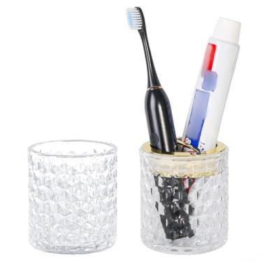 Imagem de Fvstar Porta-escovas de dentes douradas para banheiros, 2 peças de suporte de escova de dentes de vidro transparente, organizador de acessórios de banheiro de 293 ml, copo de armazenamento para escova