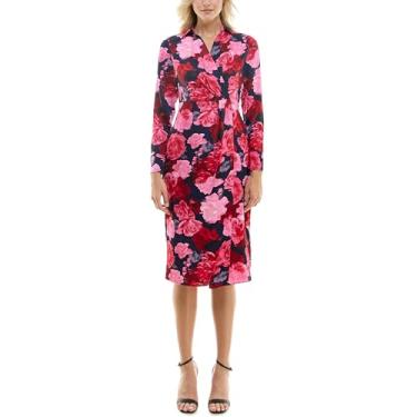 Imagem de Nicole Miller Vestido feminino de manga comprida com gola sobrepeliz de cetim, Estampa azul marinho, 44