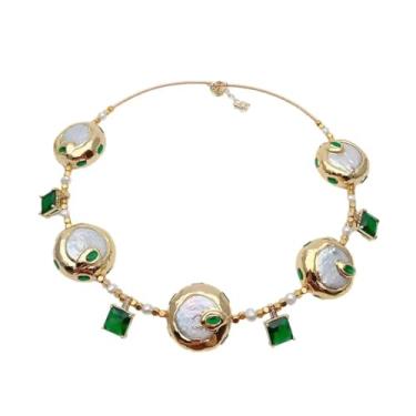 Imagem de OROAOBOMT 25 mm Cultivada Branca Keshi Moeda Pérola Verde Pingente Quadrado Colar Coller Moda Colar