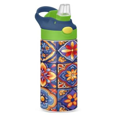 Imagem de Blueangle Garrafa de água de cerâmica mexicana de aço inoxidável isolada de 350 ml com tampa de canudo - Garrafa esportiva reutilizável à prova de vazamento para viagens, ao ar livre (400)