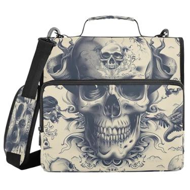 Imagem de SEHANY Fichário com zíper de caveira com alça de ombro, capacidade para 500 folhas, vários bolsos 3,8 cm para fichário com zíper e 3 anéis