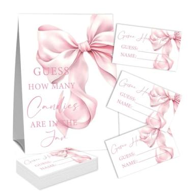 Imagem de Placa Guess How Many Candies (1 placa de pé e 50 cartões de adivinhação) Kit de cartas de jogo de atividades com tema de arco rosa para chás de bebê, festas de recém-nascidos, chá de noivado de