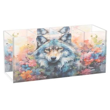 Imagem de CEBUGI Porta-lápis de acrílico transparente com 4 compartimentos para aquarela, flores de lobo, suporte de pincel de maquiagem para escritório em casa