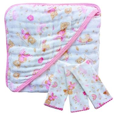 Imagem de Kit Bebê Completo Toalha de Banho Soft com Capuz + 3 Paninhos de Boca 100% Algodão (Ursa Rosa Bear)