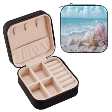 Imagem de YETTASBIN Caixa de joias de praia estrela-do-mar para adolescentes, meninas, mulheres, presente de aniversário, Natal, caixa de armazenamento portátil de couro PU, mini estojo de joias de viagem para