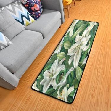 Imagem de WELLDAY Tapete de corredor de lírios brancos, tapete de corredor de 5 x 15 cm, antiderrapante, lavável, tapete de cozinha para quarto, entrada, lavanderia, sala de estar