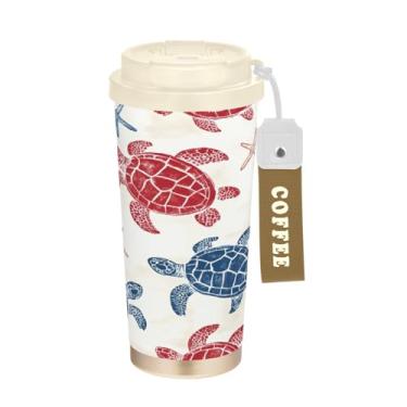 Imagem de STAYTOP Caneca de café de viagem com isolamento térmico de tartarugas marinhas vermelhas e azuis 500 ml, copo de café de aço inoxidável reutilizável com tampa flip à prova de vazamento para escritório