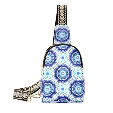 Imagem de CEBUGI Bolsa tiracolo feminina pequena com estampa azul e branca de couro, pochete para trilhas, viagens ao ar livre