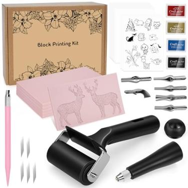 Imagem de LAMPTOP O kit de impressão em bloco Linocut com 36 peças inclui blocos de borracha, ferramentas de entalhe, papel vegetal, tinta e papel de desenho animado, conjunto completo de fabricação de carimbos