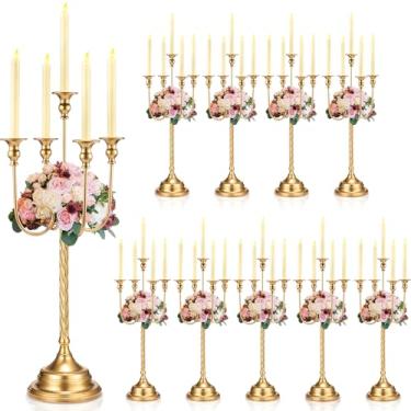 Imagem de Rtteri 10 peças de castiçal dourado com 5 braços, suporte de vela de metal para velas cônicas, mesa de centro de mesa, casamento, Natal, feriado, festa de aniversário (12,2 x 12,2 x 26,4 polegadas)