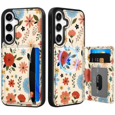 Imagem de Uppuppy Capa para Samsung Galaxy S25 Plus/S24 Plus com carteira - Compatível com MagSafe Cute Women Girls Couro Estético Titular Cartão de Crédito Capa de Telefone para S25Plus/S24Plus, Flor Bege