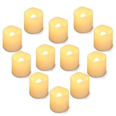Imagem de SHYMERY Velas votivas sem chamas, dura 2x mais tempo, luzes LED de LED com luz branca quente cintilante, pequena vela de chá falsa elétrica realista para casamento, mesa, ao ar livre, pacote com 12