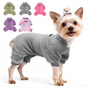 Imagem de PAWCHIE Pijama de veludo felpudo para cães, tecido de inverno para cães pequenos, gatos, meninos e meninas, macacão para animais de estimação, roupas para cães, cinza, P