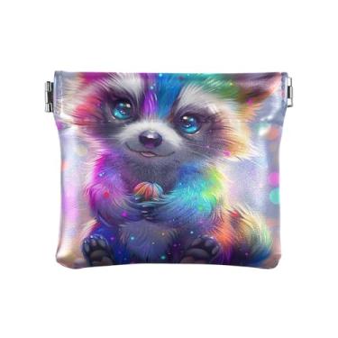 Imagem de Porta-moedas vintage gatos bege macio couro PU mini bolsa para troca de moedas pequena para cartão de crédito, chaves, batom, tamanho 11 x 9,4 cm, Lindo arco-íris de guaxinim, one size, Lindo