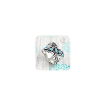 Imagem de Anel vintage simulado turquesa cruzada larga confortável para mulheres 925 banhado a prata boêmia declaração declaração ocidental grosso boho, joia presente para ela (tamanho 14)