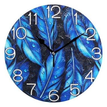 Imagem de GAIGEO Relógio de parede decorativo analógico redondo sem tique-taque silencioso relógio de cozinha rústico, decoração de parede de sala de estar moderna, penas azuis vibrantes preto, 25 cm, ponteiros