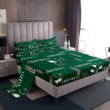 Imagem de jejeloiu Jogo de cama casal de futebol americano com bolsos profundos de 40 cm, verde e branco, rúgbi, para decoração de quarto de crianças, meninos, meninas, New York, respirável, macio