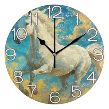 Imagem de Relógio de parede analógico decorativo relógio de cozinha rústico operado por bateria silencioso, decoração de parede vintage sala de estar cavalo branco galope dramático, 25 cm, ponteiros pretos