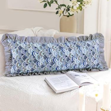 Imagem de Silkena Capa de almofada de babados com estampa de bloco de algodão de 35,5 x 91 cm, fronha feita à mão com estampa floral boho, acabamento de babados, capa de almofada decorativa macia para quarto