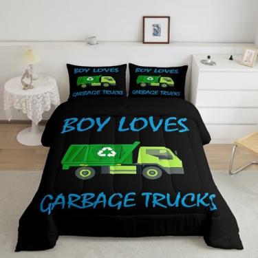 Imagem de jejeloiu Conjunto de cama solteiro com desenho animado de caminhão de lixo, para meninos, meninas, adolescentes, capa de edredom de microfibra respirável e leve