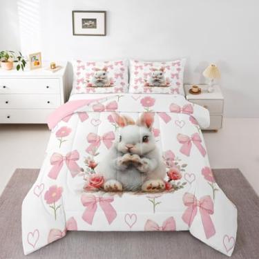 Imagem de Erosebridal Conjunto de cama com laço rosa para meninas, animais fofos, coelhos, coelhos, tamanho solteiro, coquete, laço, para crianças, adolescentes, mulheres, quarto, amor, primavera, jardim