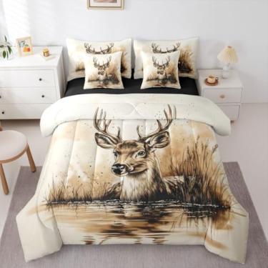 Imagem de Jogo de cama infantil de 7 peças, cama queen size de caça de veado em uma bolsa para decoração de quarto de meninos, meninas, chifres, conjunto de edredom com lençóis, fronhas e capa de almofada
